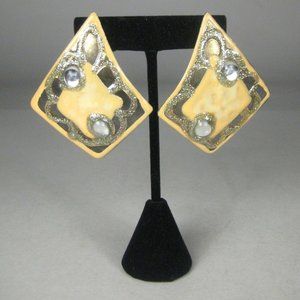 Earrings Goldtone Fashion Yellow Enamel Statement Stud Gliiter Rhinestone